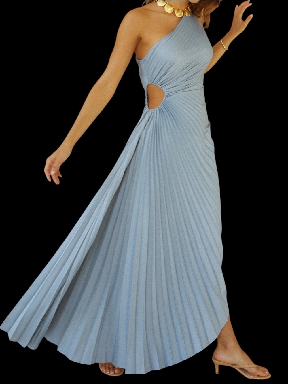 Few Moda o.p.t. Perko Dress One-Shoulder Light Blue Pleated Maxi Formal Cutout